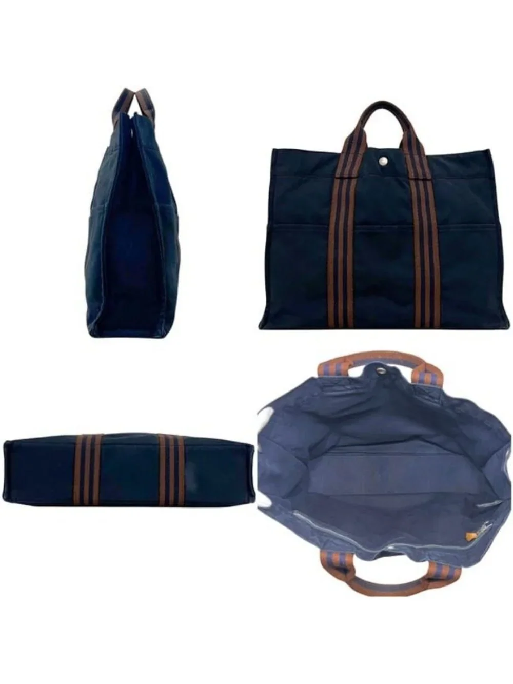 Hermes Tote Fourre Tout MM Navy Brown Lightweight Cotton Canvas Document Vintage